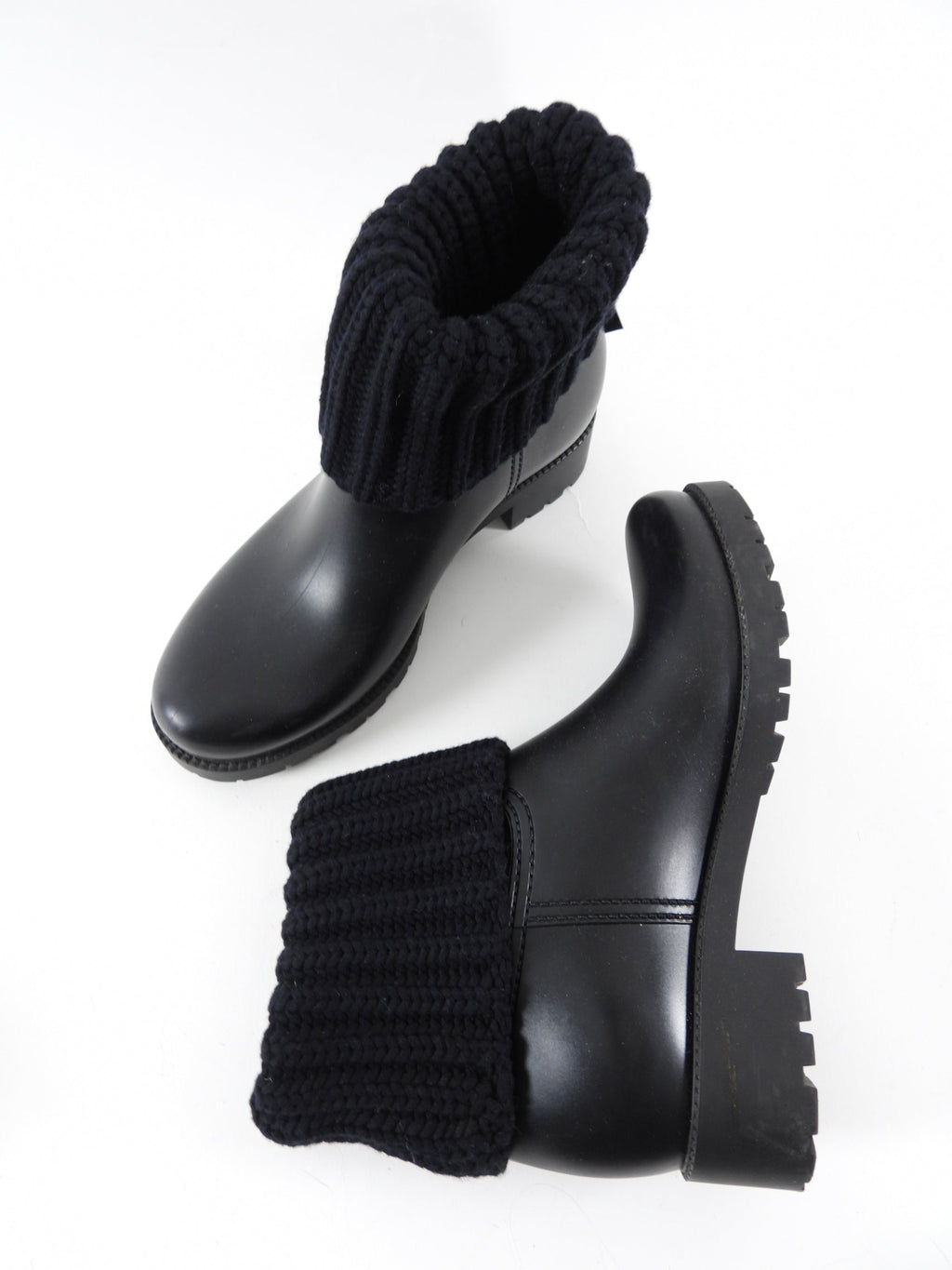 Moncler Black Rubber Rain Boot with Knit Tops - 8