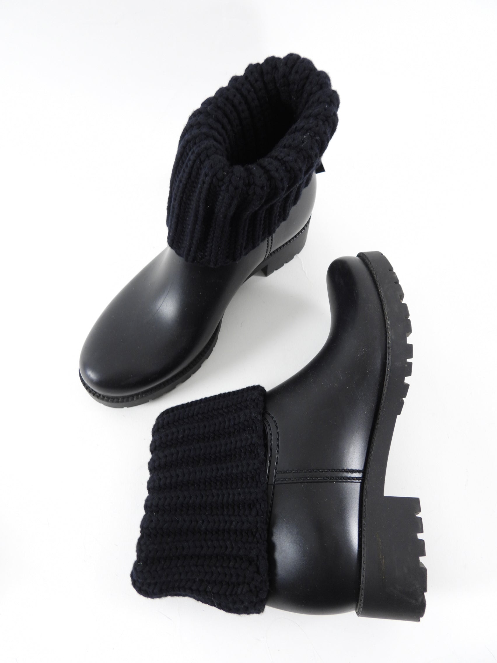 Moncler Black Rubber Rain Boot with Knit Tops - 8