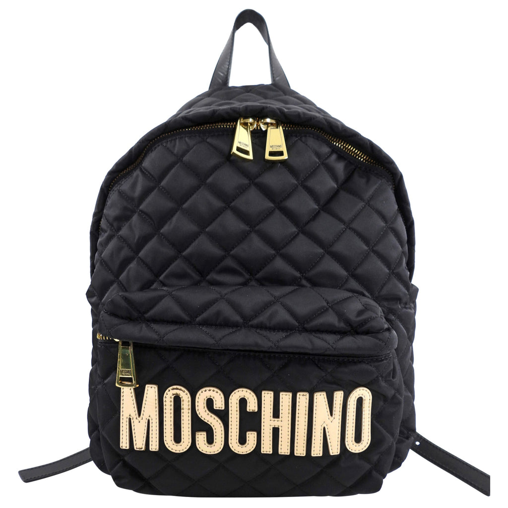 Moschino Black Nylon and Gold Vinyl Logo Zip Backpack