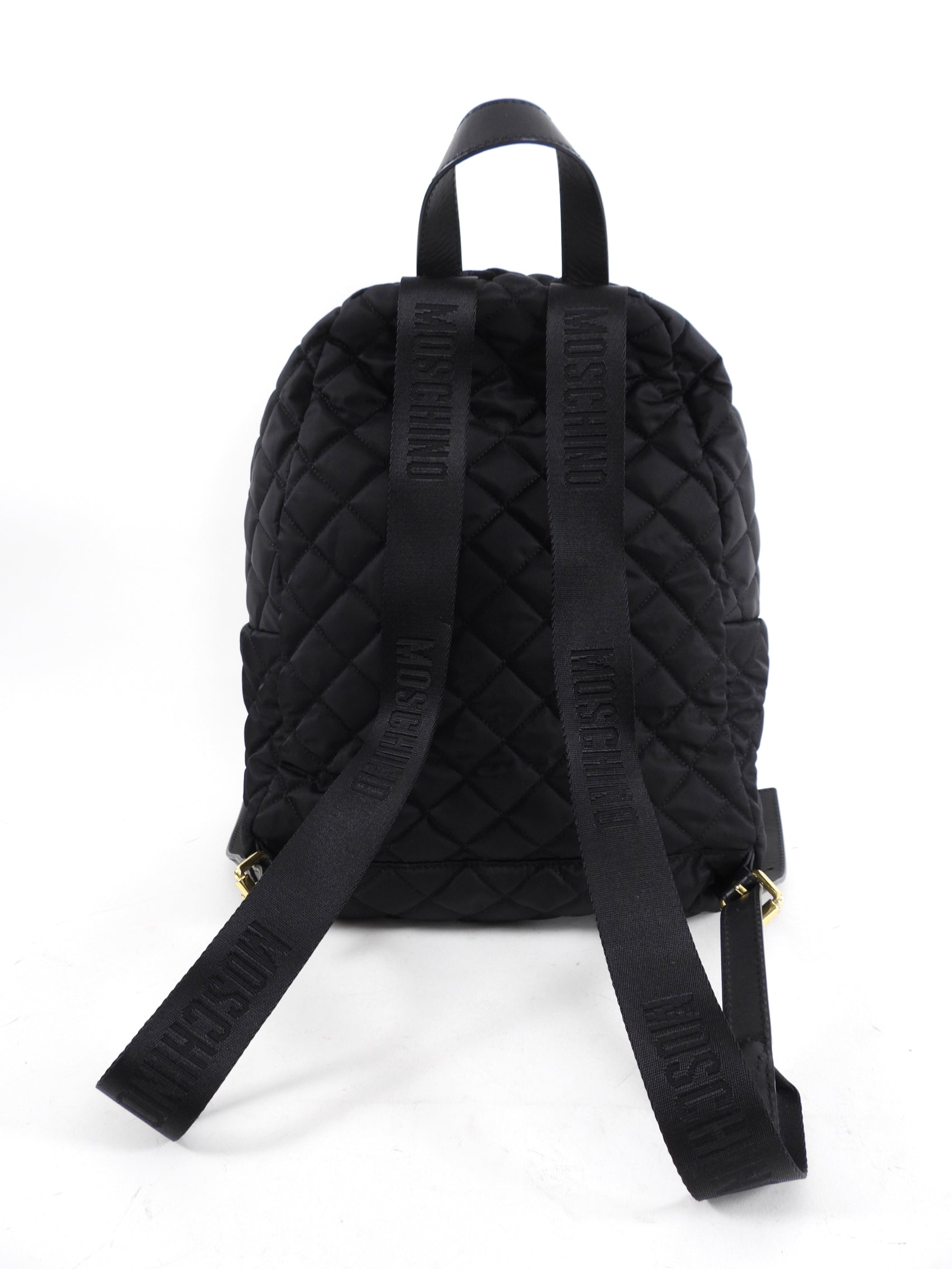 Moschino Black Nylon and Gold Vinyl Logo Zip Backpack