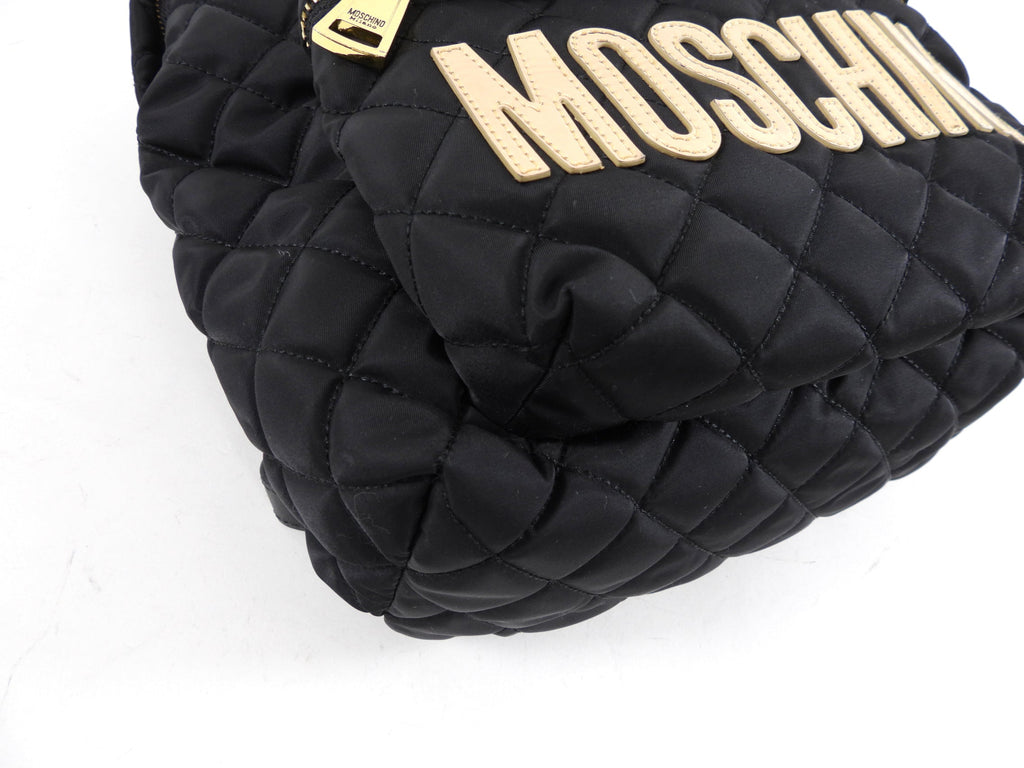 Moschino Black Nylon and Gold Vinyl Logo Zip Backpack