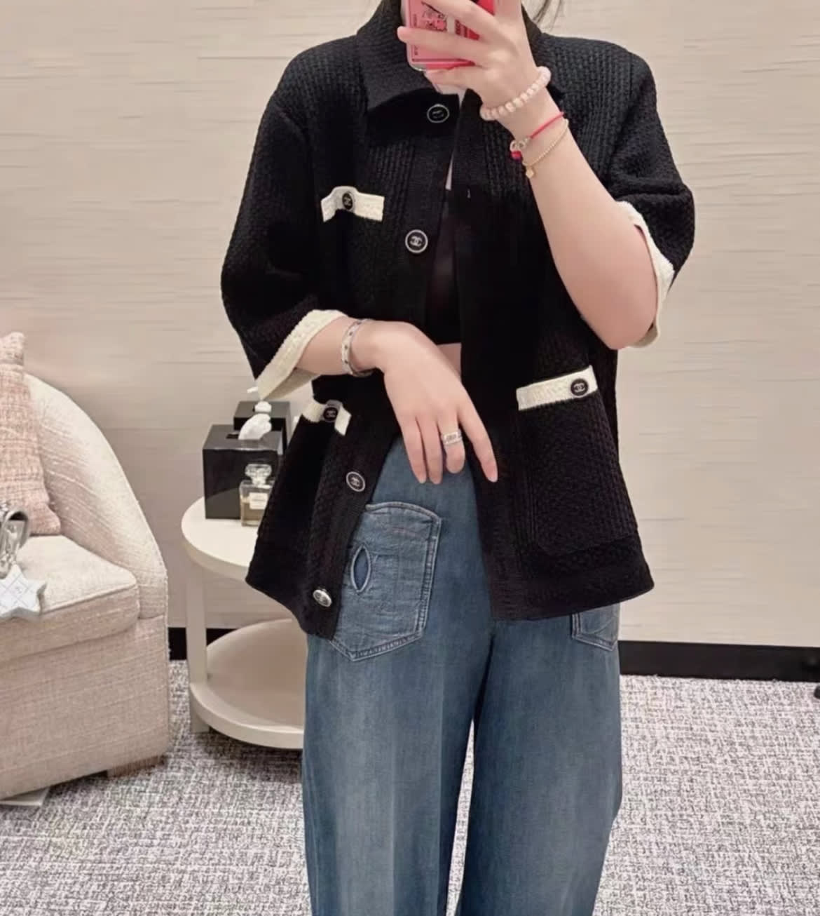 Chanel 24P black white edge knitted igan