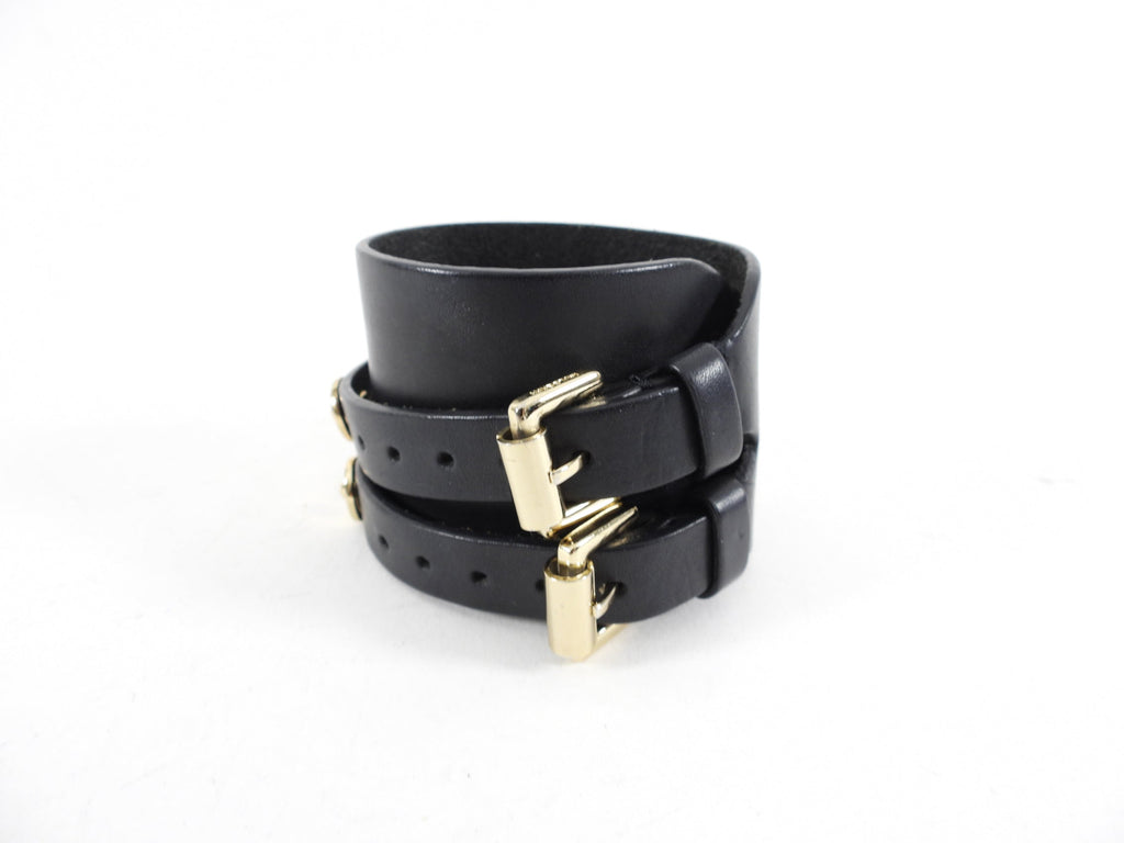 Mulberry Black Leather and Gold Studded Cuff Bracelet