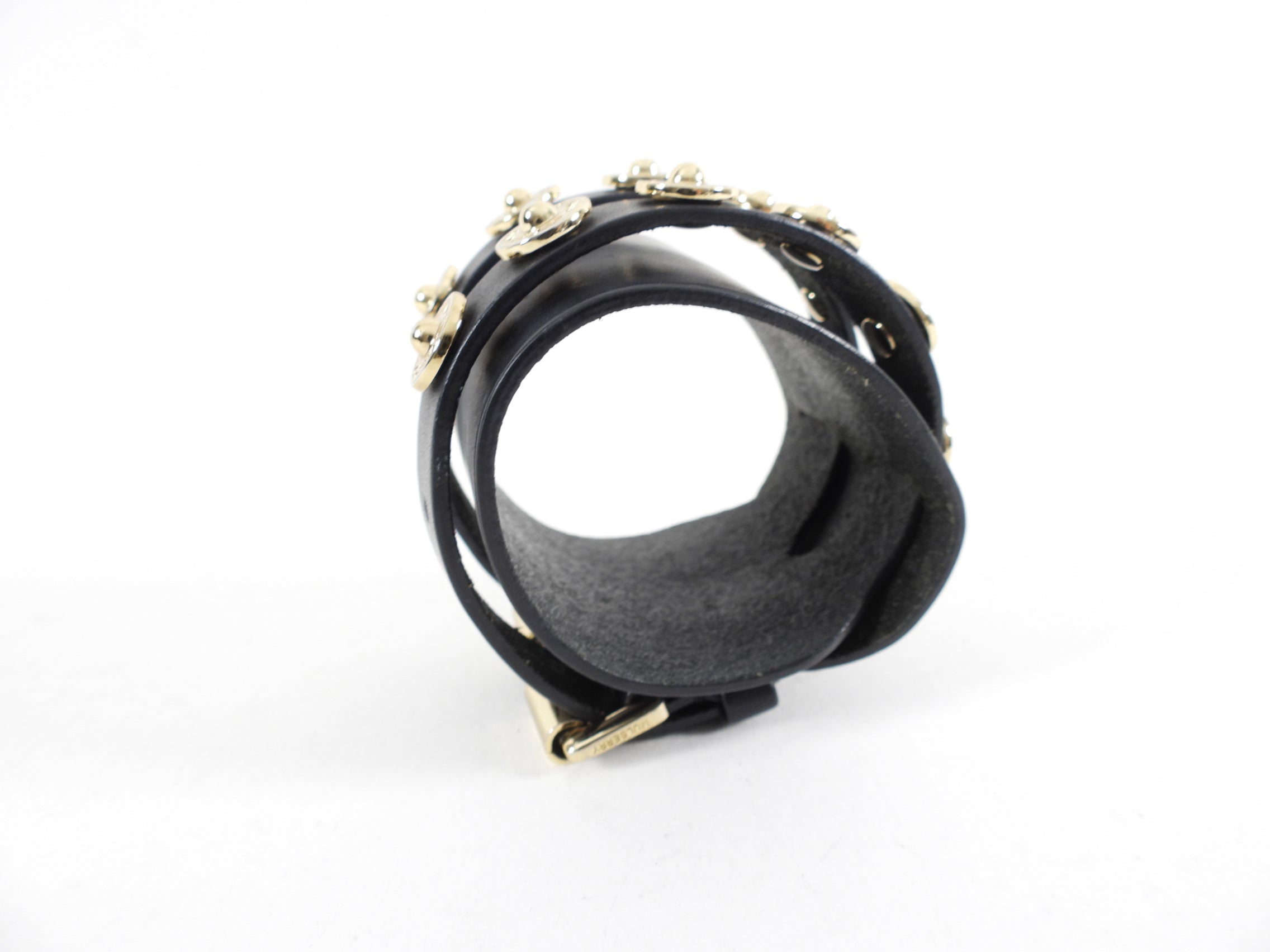 Mulberry Black Leather and Gold Studded Cuff Bracelet