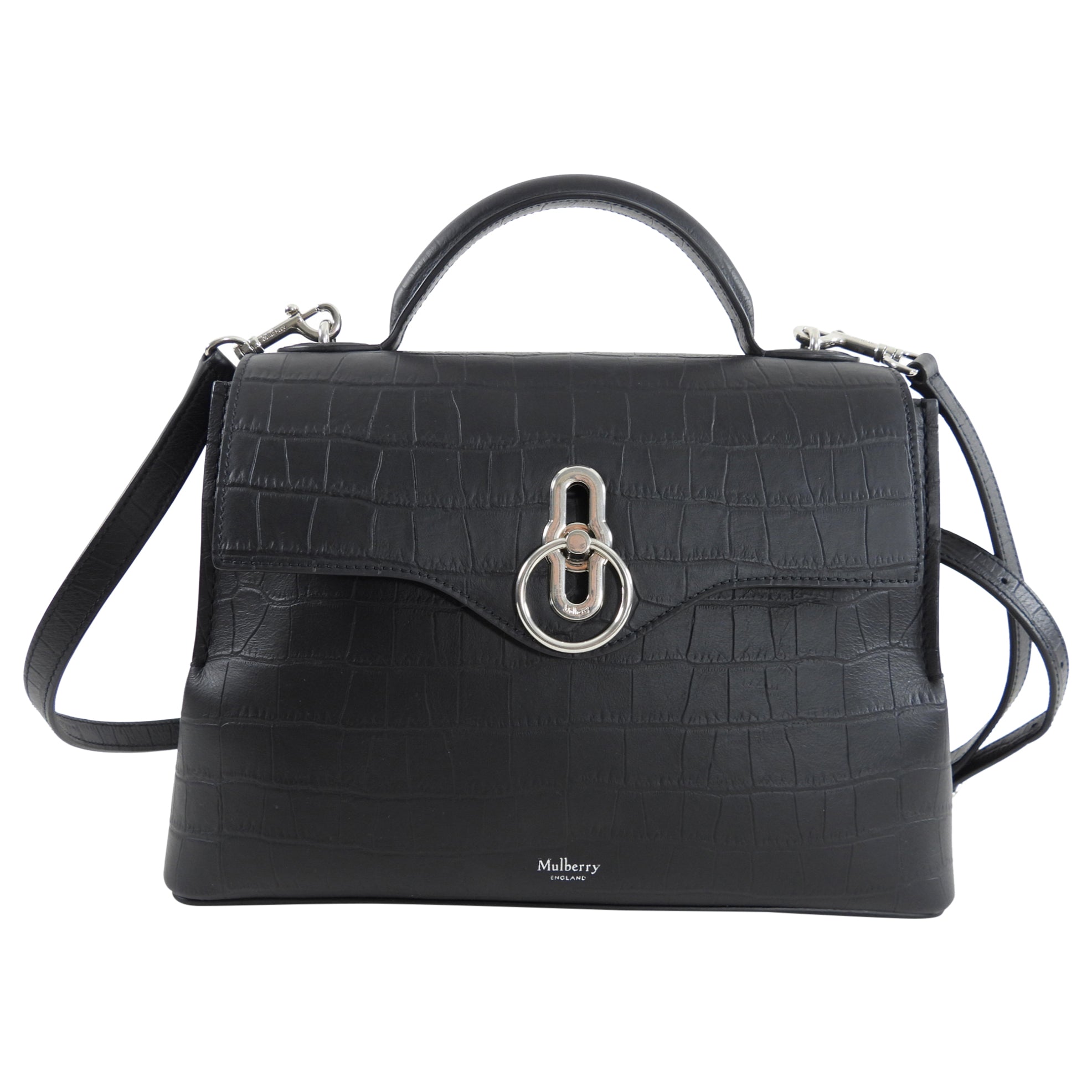 Mulberry Black Matte Croc Embossed Leather Seaton Small Two Way Bag