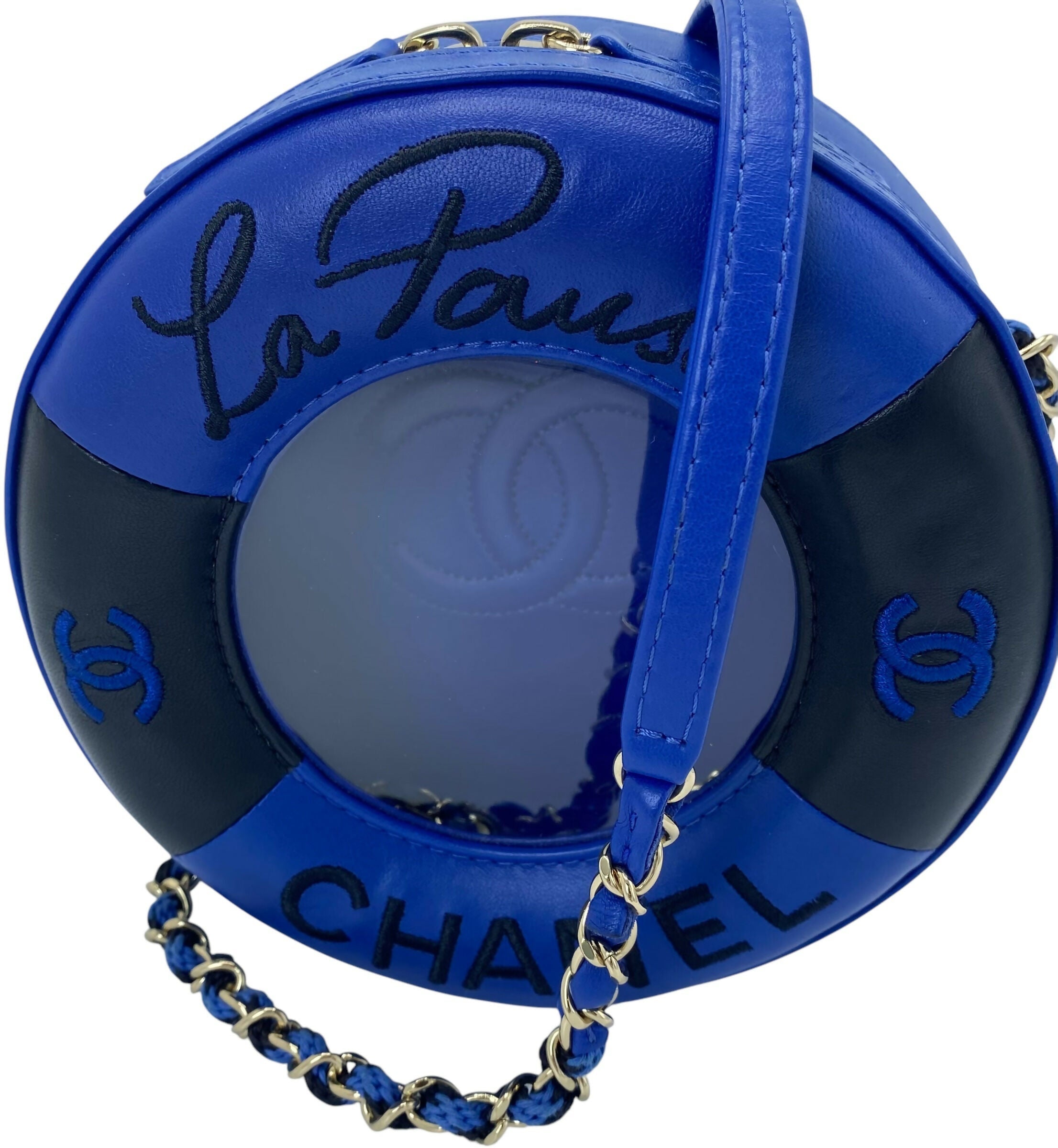 CHANEL 19C LA PAUSA COCO LIFESAVER MINAUDIÈRE BAG BLUE & BLACK WITH CHAMPAGNE GOLD HARDWARE