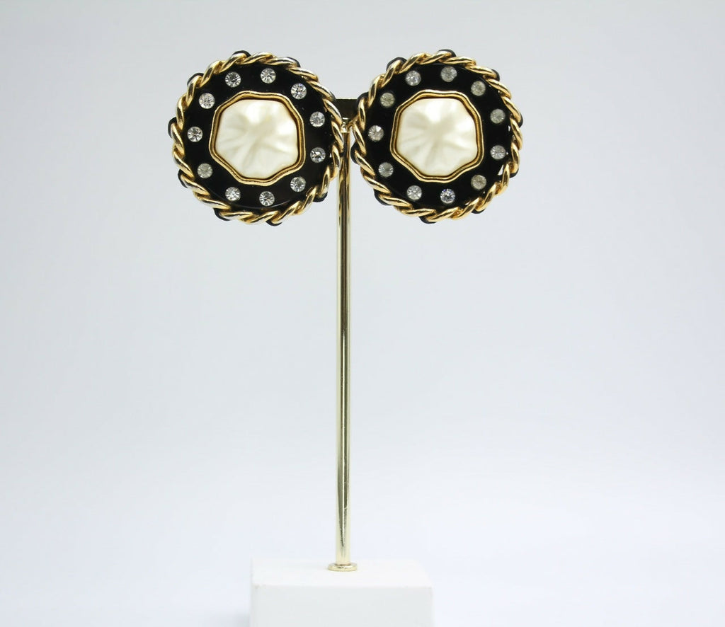 Chanel Vintage 1988 Leather Chain & Rhinestone Clip-on Round Earrings