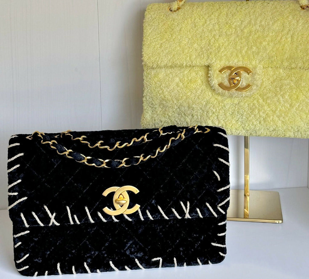 Chanel Vintage 1993 Black Velvet Whipstitch Flap Bag