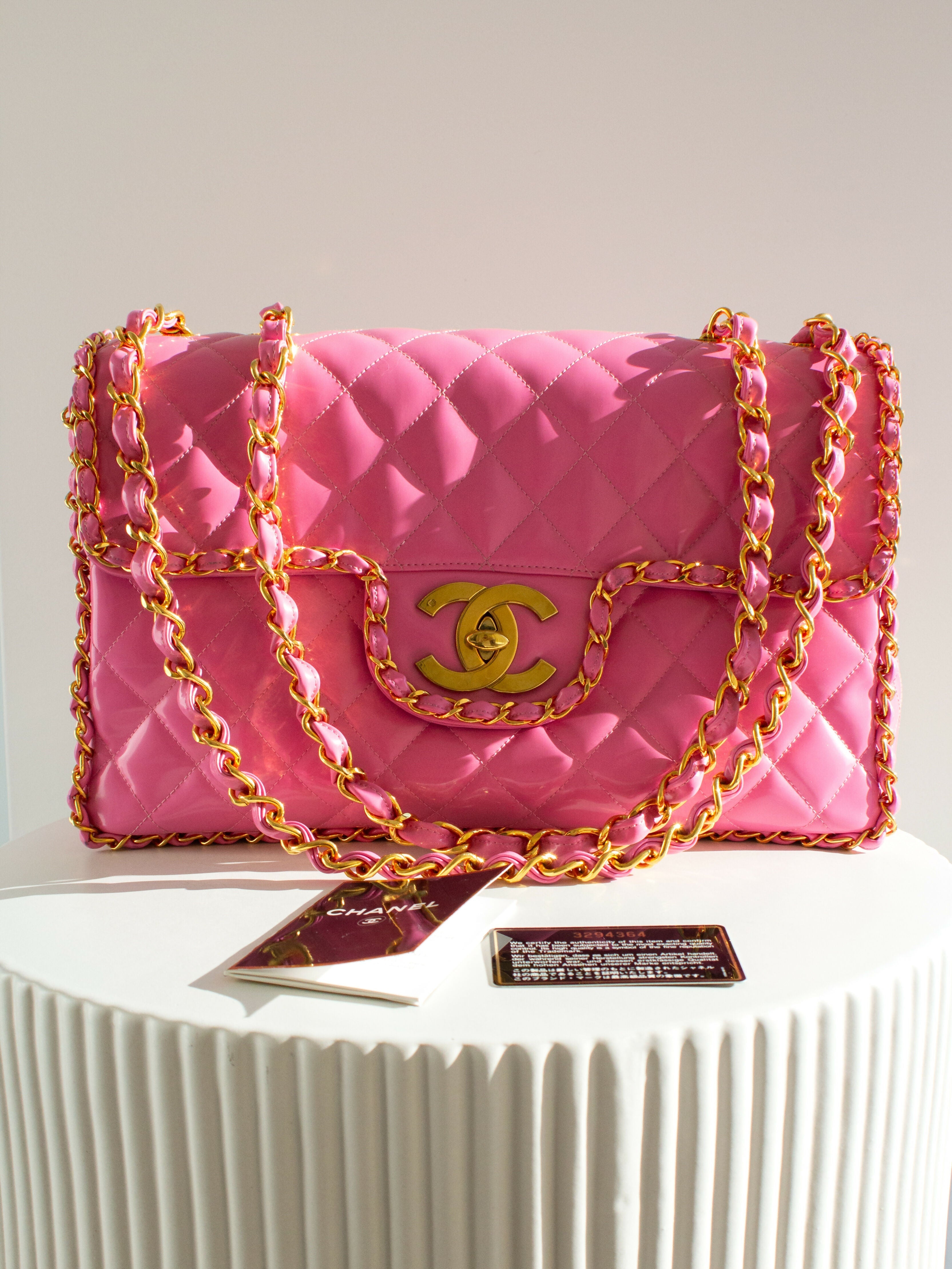 Chanel Vintage S/S1995 Barbie Pink 24K Gold Chain Around Patent Lambskin Jumbo XL 95P Bag