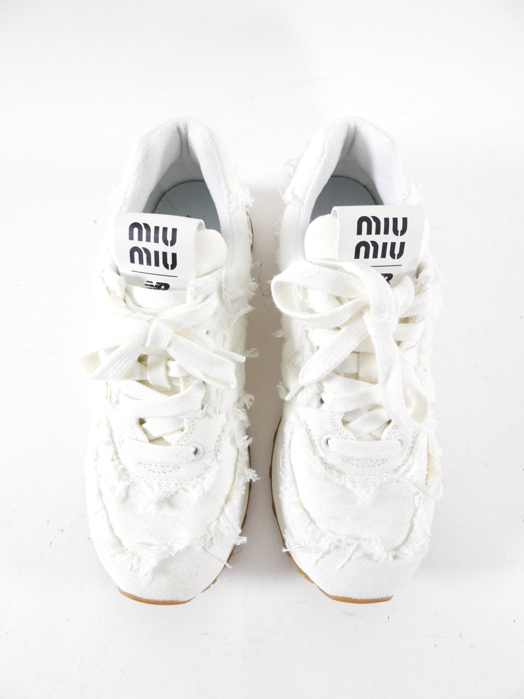Miu Miu x New Balance White Frayed Denim Sneakers - 37