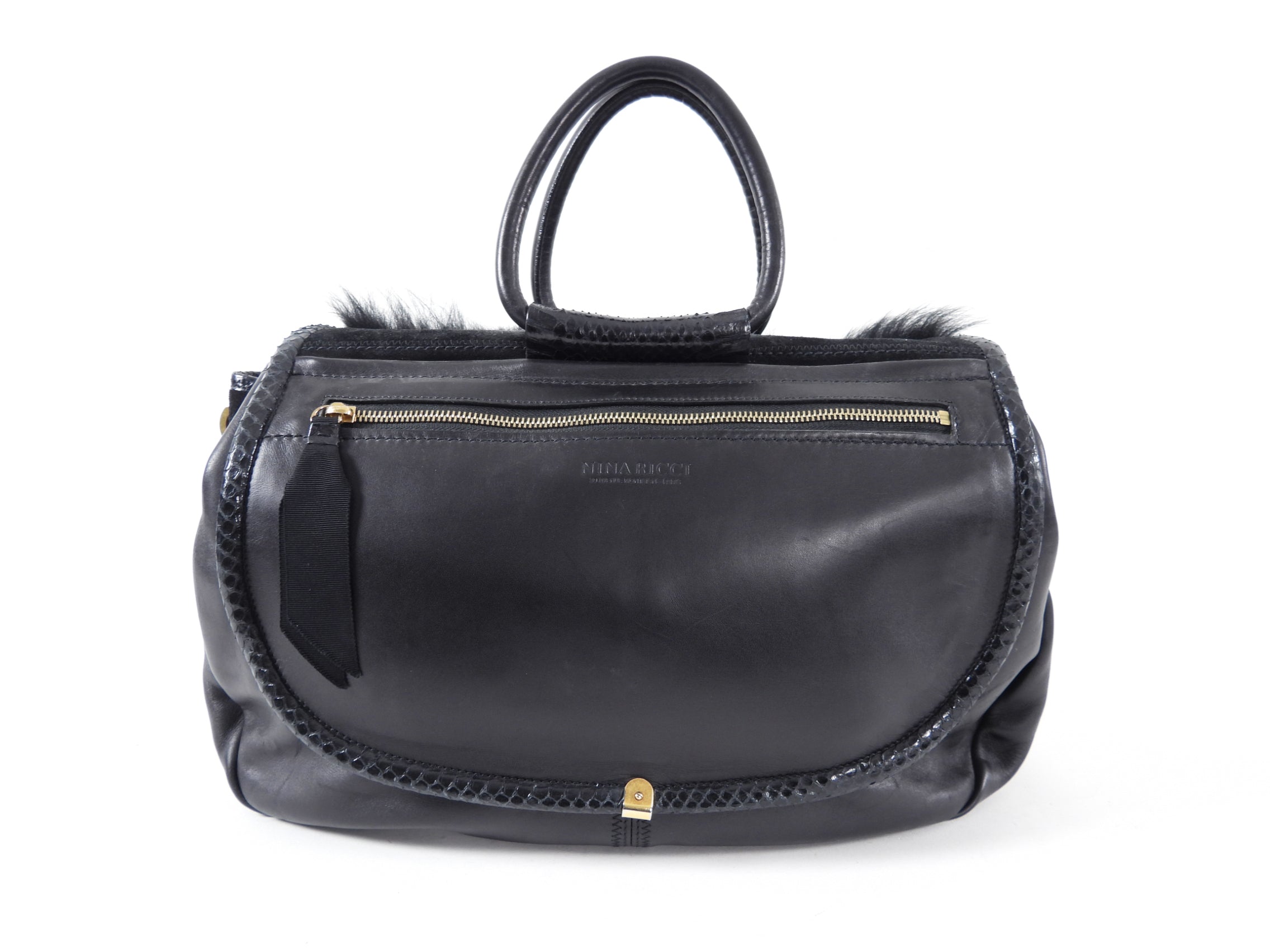 Nina Ricci Black Fur and Python Trim Leather Bag