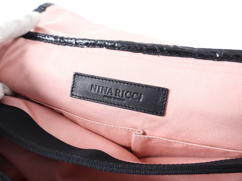Nina Ricci Black Fur and Python Trim Leather Bag