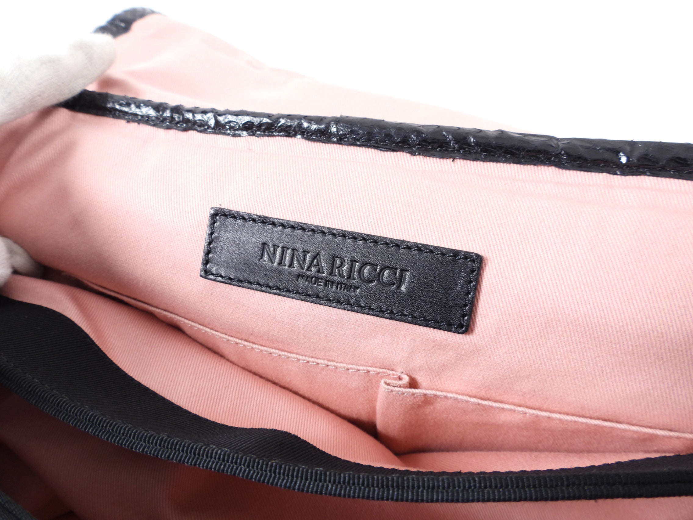 Nina Ricci Black Fur and Python Trim Leather Bag