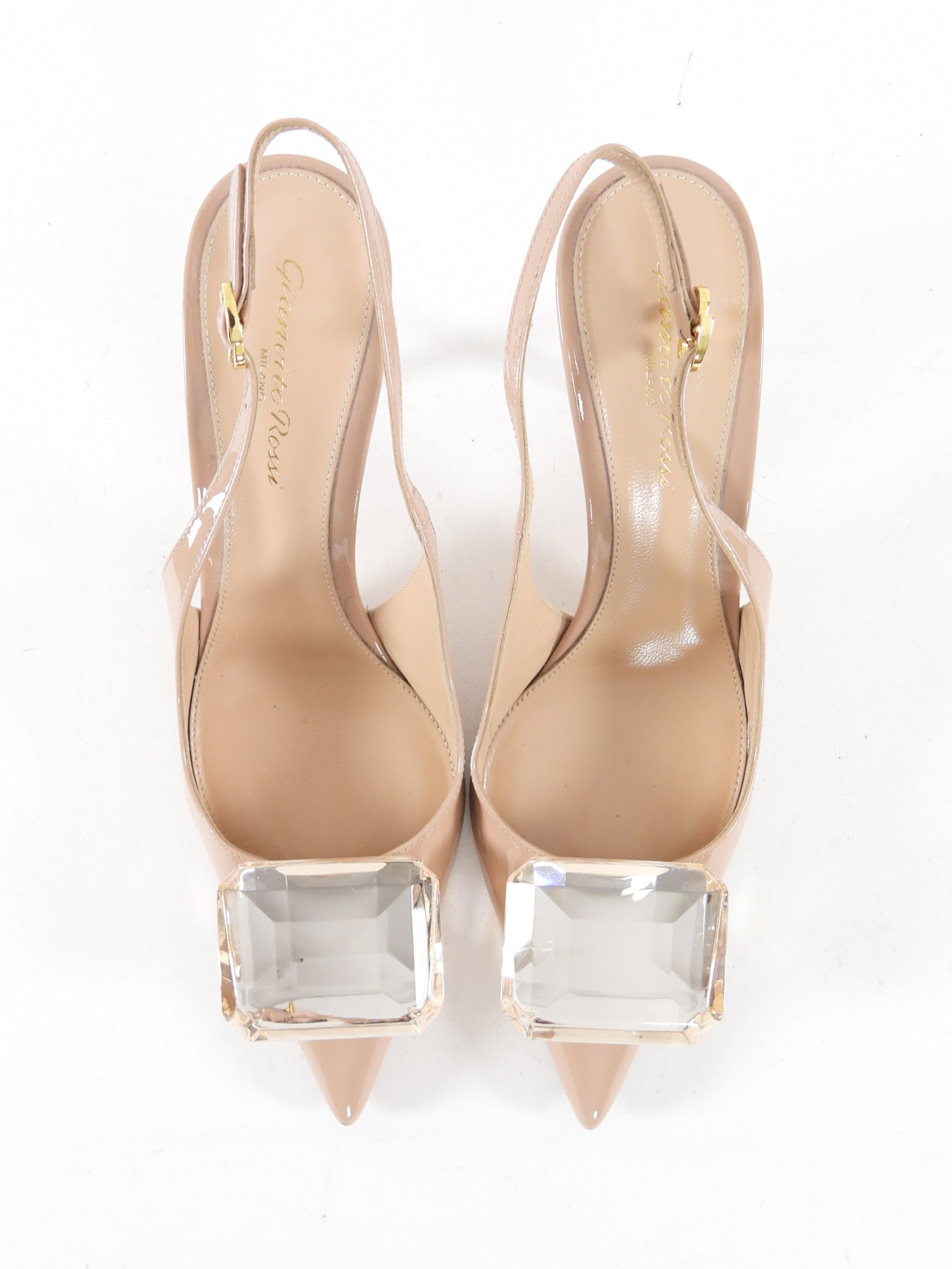 Gianvito Rossi Nude Patent Resin Buckle Jaipur Sling Heels - 38