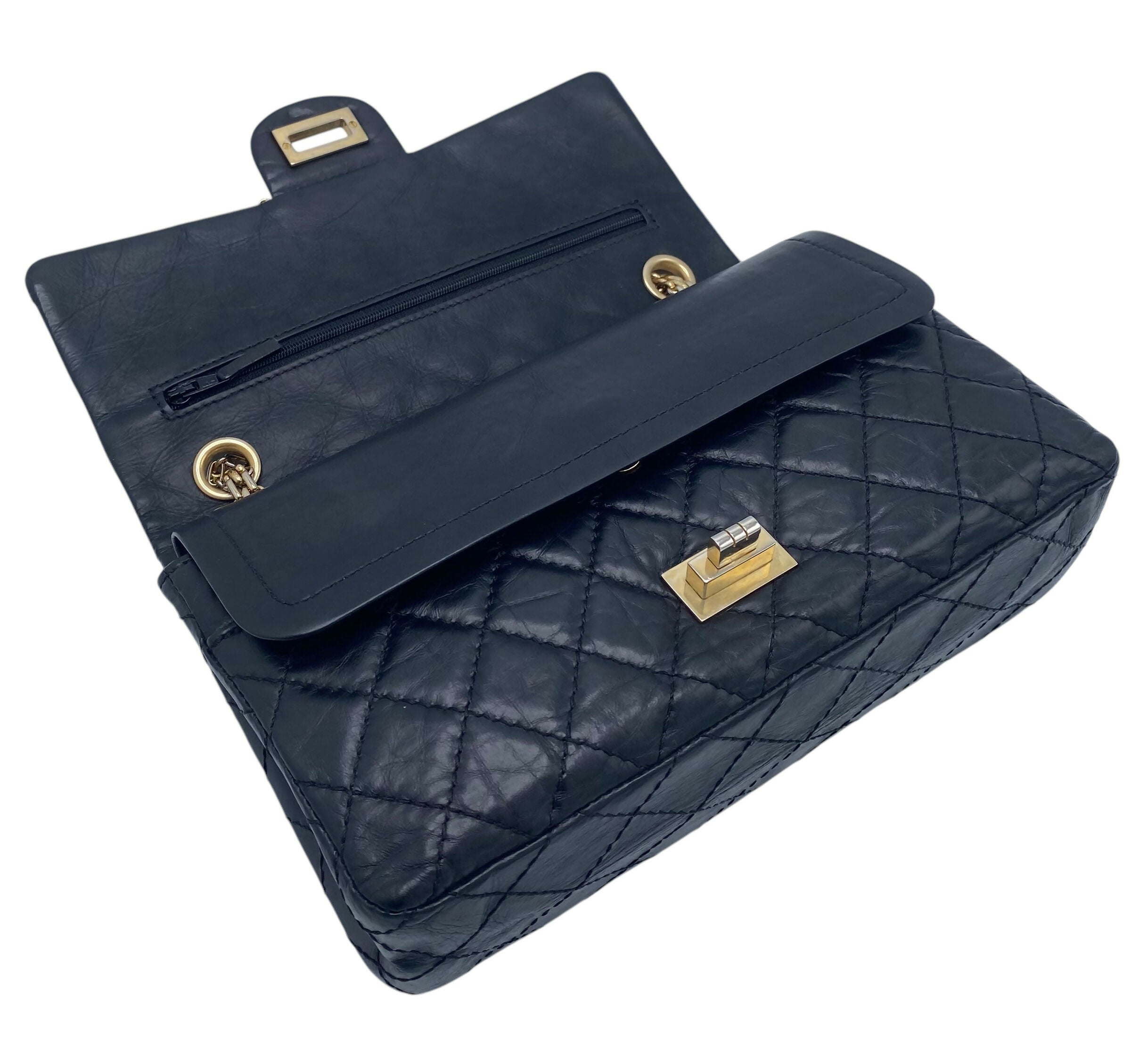 Chanel Black Quilted Aged Calfskin 2.55 Reissue 225 Small Double Flap Bag Gold Hardware
