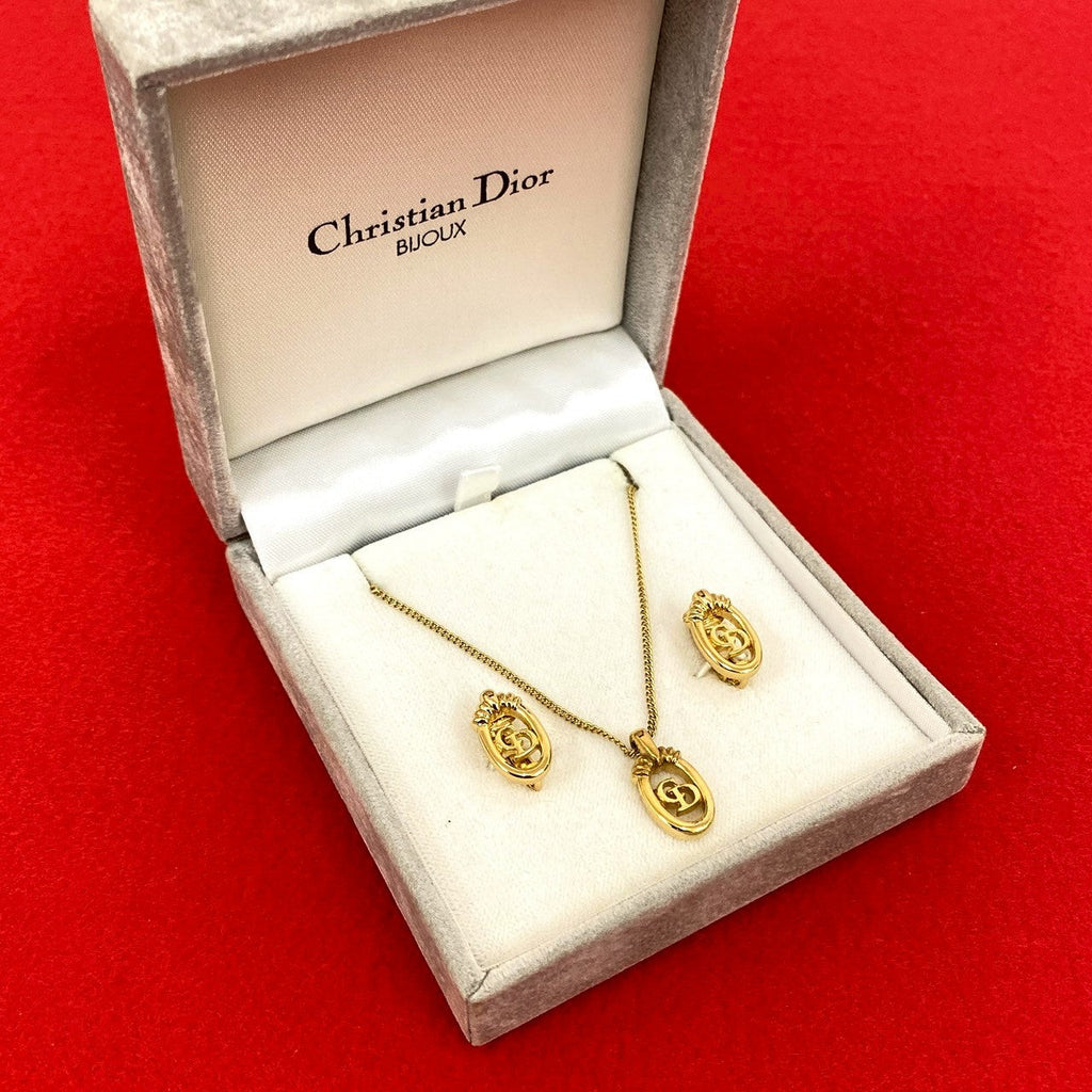 Christian Dior CD Logo 2way Necklace Earrings Set with Case