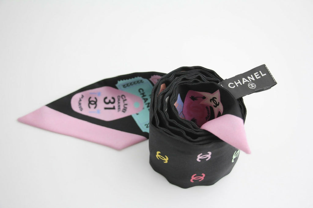 CHANEL 100% Slim Silk Scarf Bandeau Twilly CC Mark Scarf in Multicolour