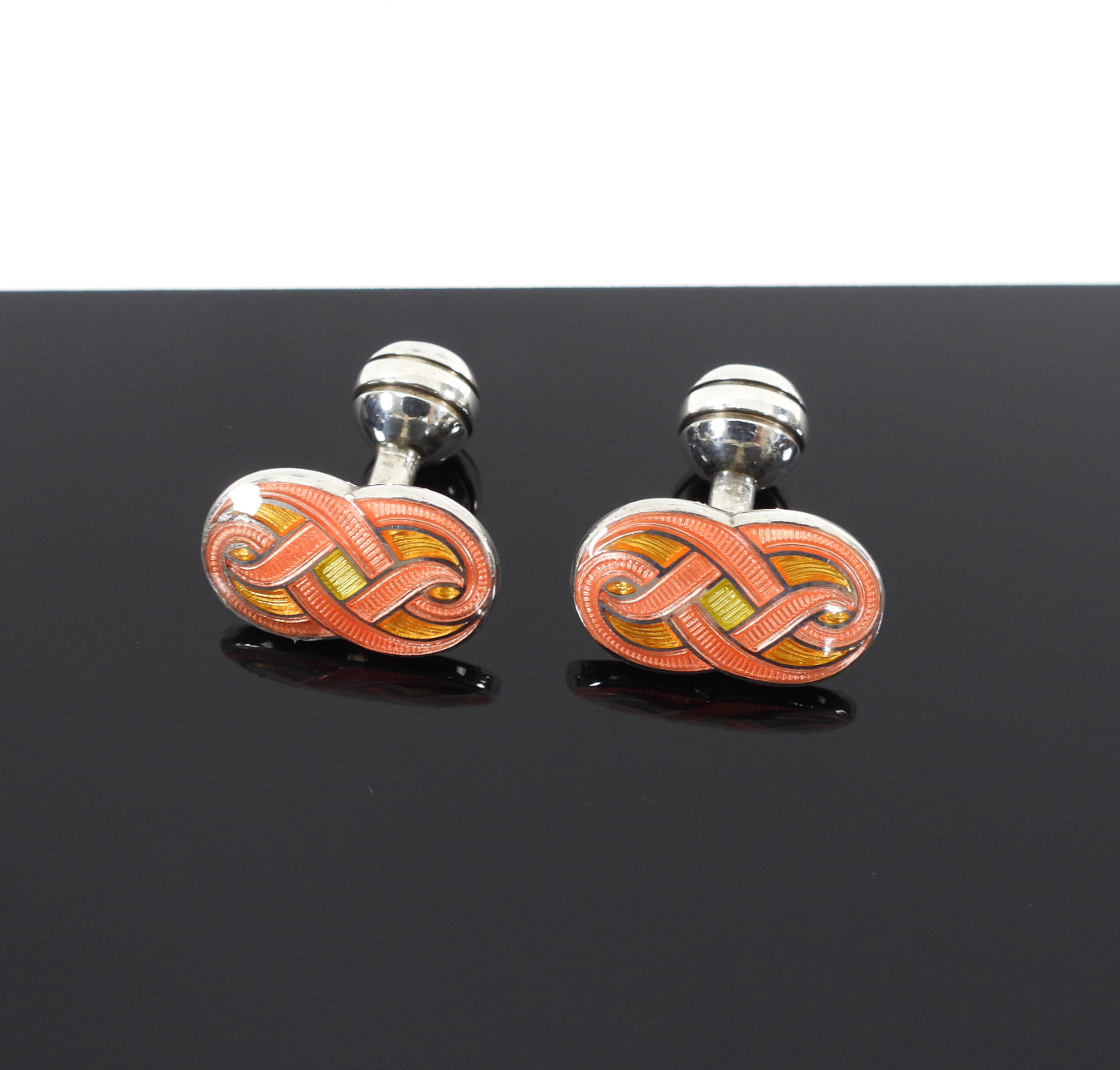 Sterling Silver Guiloche Enamel Orange Cufflinks