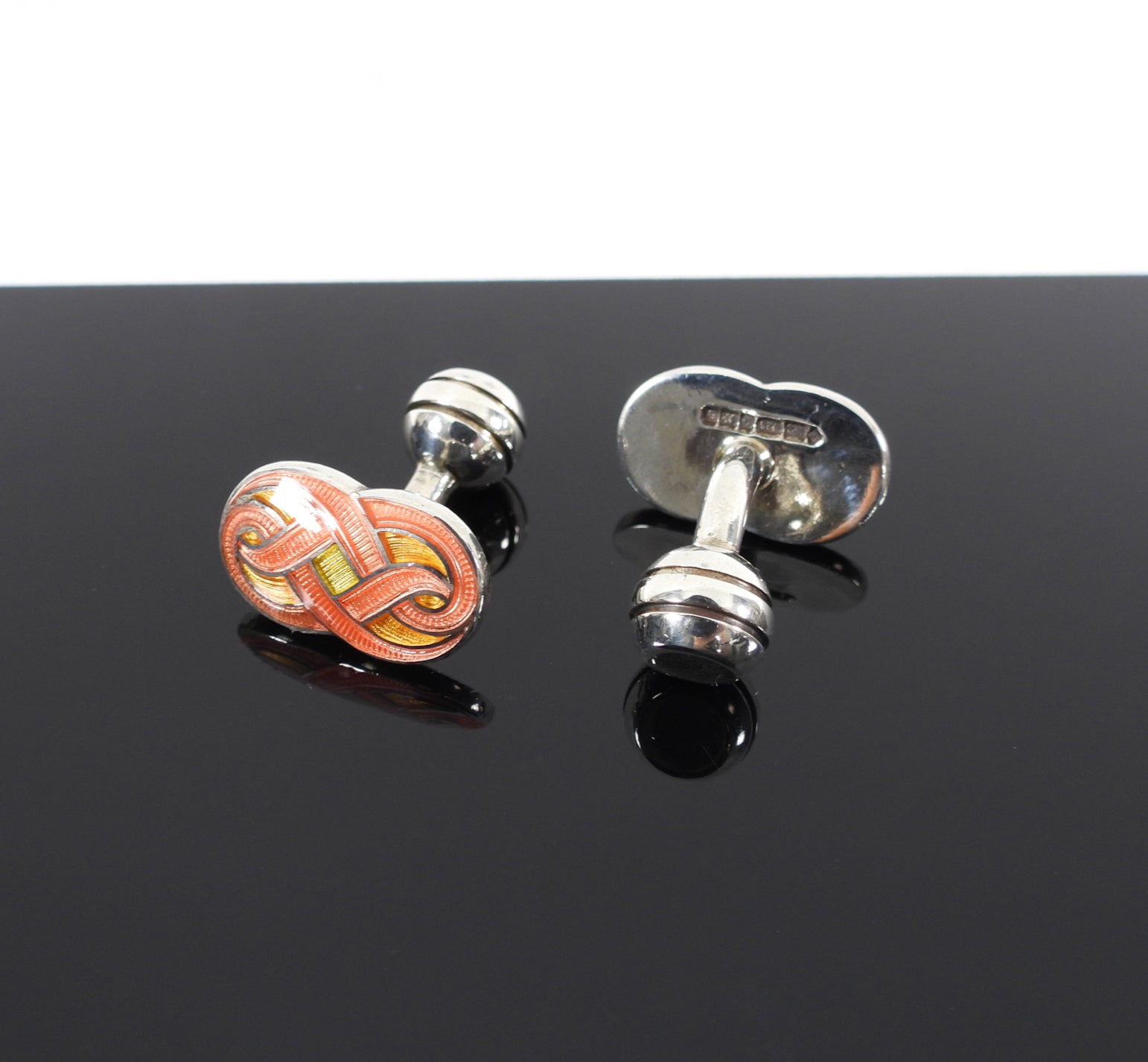 Sterling Silver Guiloche Enamel Orange Cufflinks
