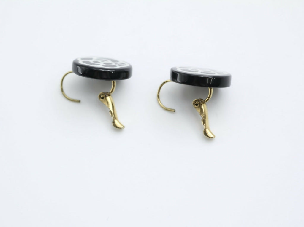 Chanel Vintage 03P Resin Black and White Camellia Button Hoop Earrings