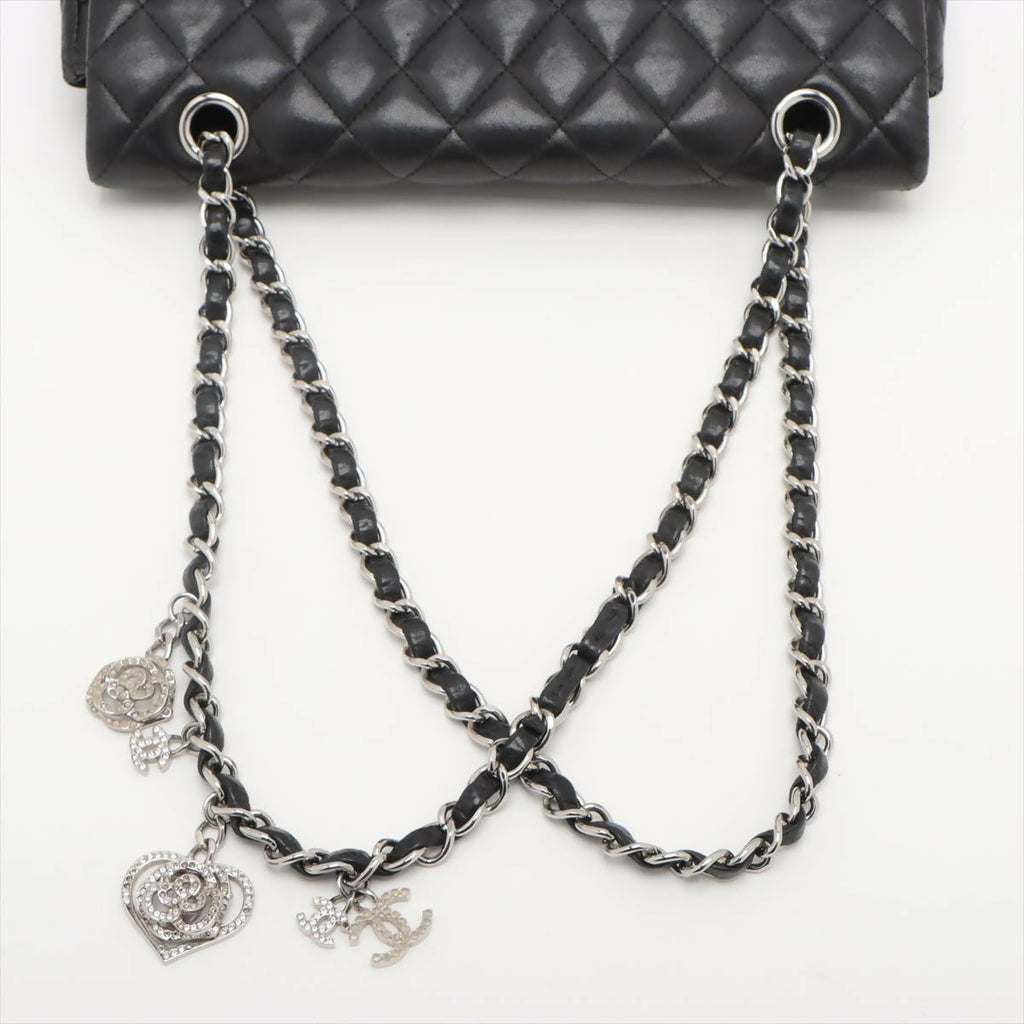 Chanel Black Matelasse Lambskin Single Flap Double Chain Bag with Silver Hardware