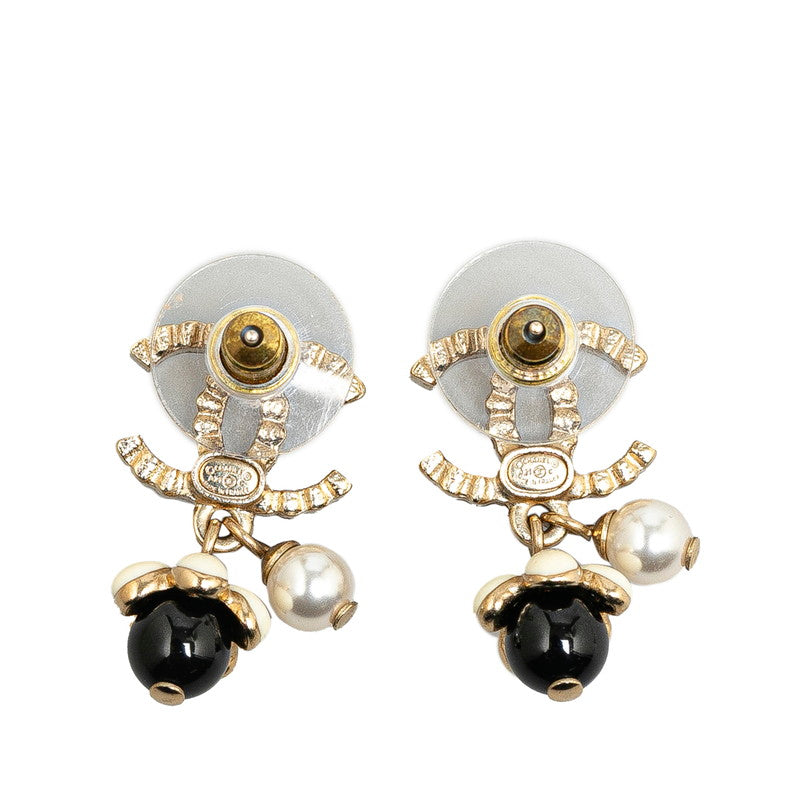 Chanel Gold Plated Coco Mark Rhinestone Flower Motif Earrings A21C