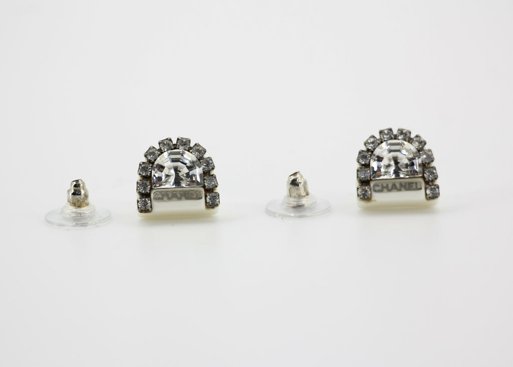 Chanel Vintage 00A Rhinestone White Ring Shape Stud Earrings