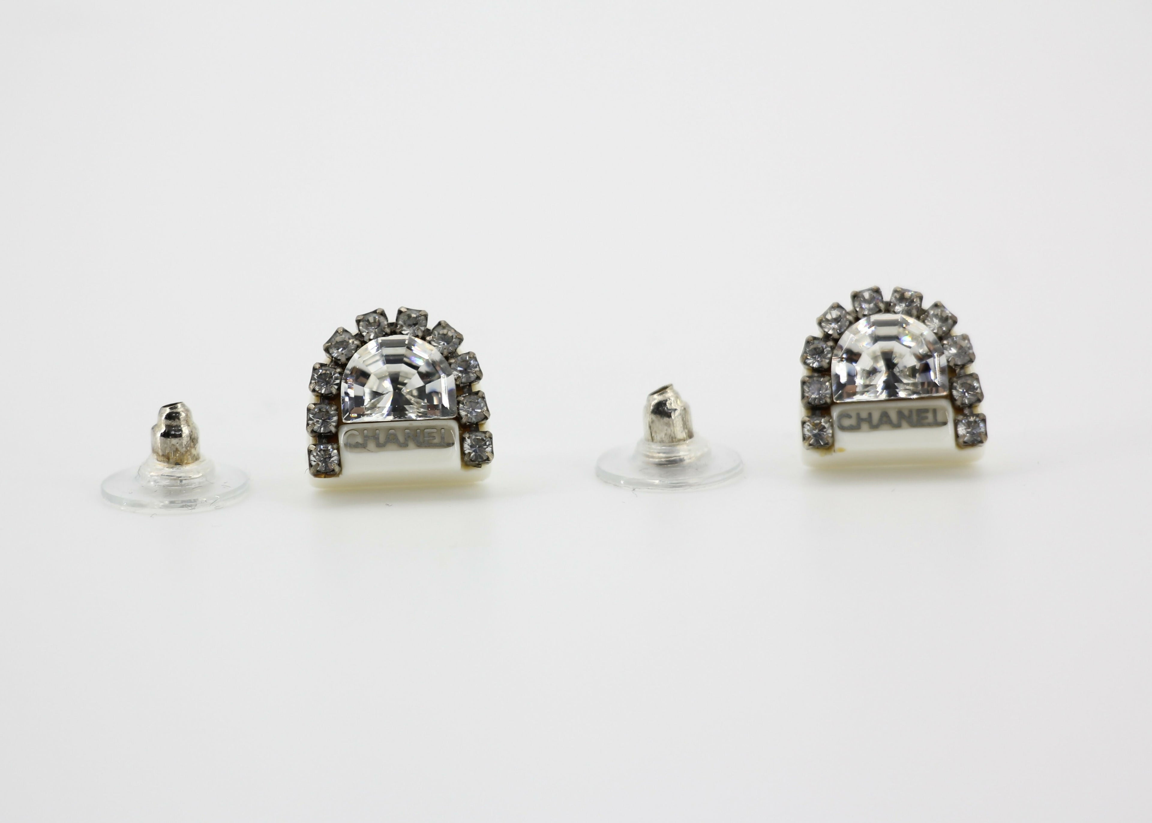 Chanel Vintage 00A Rhinestone White Ring Shape Stud Earrings