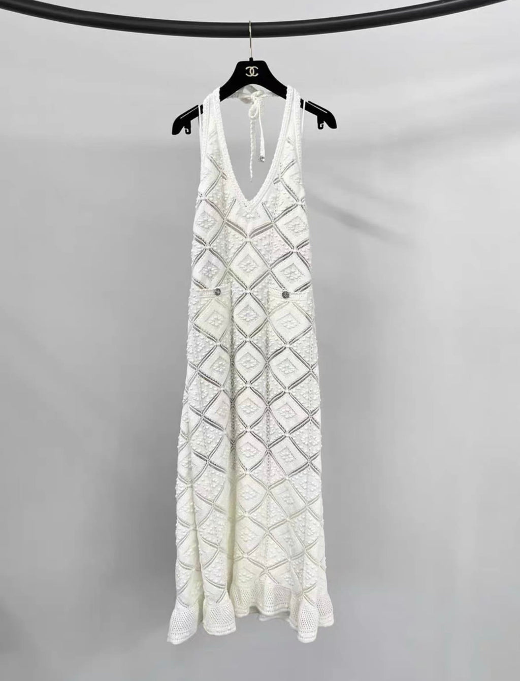 Chanel 23C Runway MONTE CARLO WHITE CROCHET KNIT MACRAME DRESS  38FR