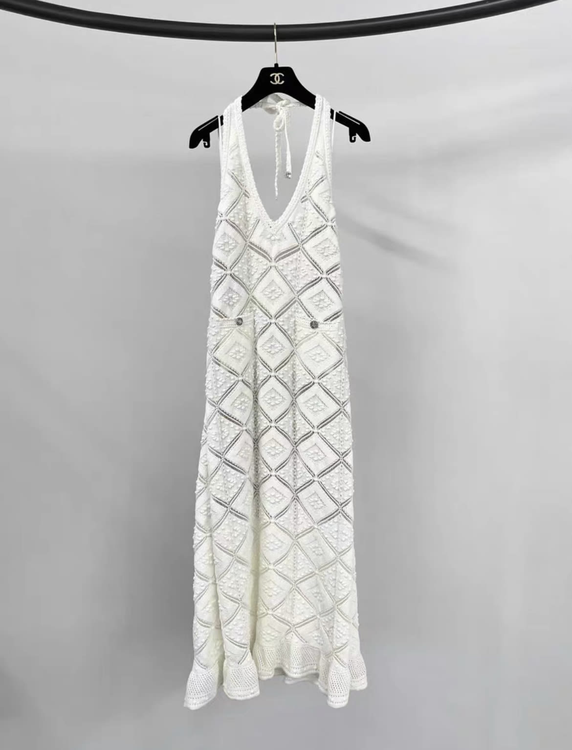 Chanel 23C Runway MONTE CARLO WHITE CROCHET KNIT MACRAME DRESS  38FR