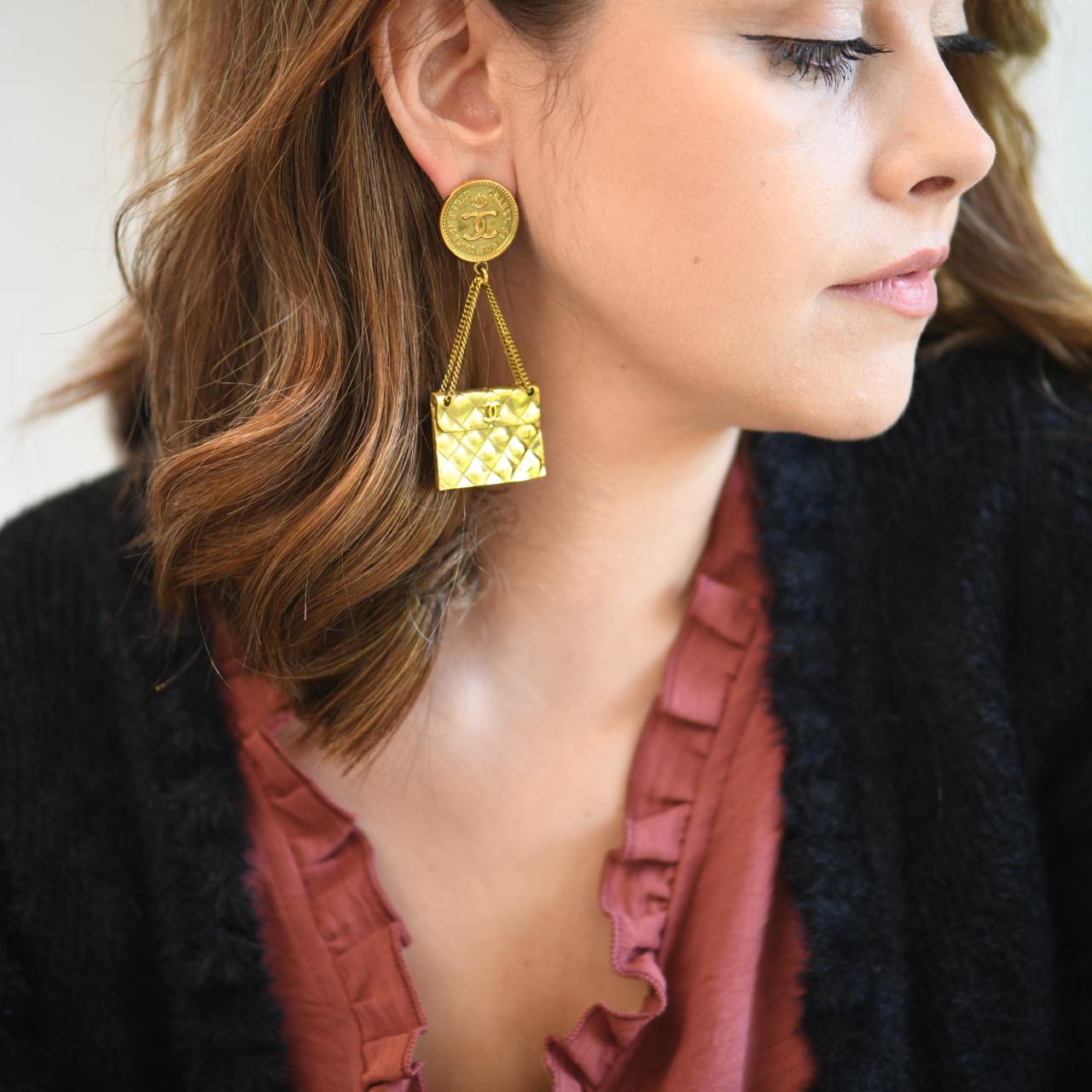 Chanel CC Coin Quilted Flap Bag Drop Clip on Earrings