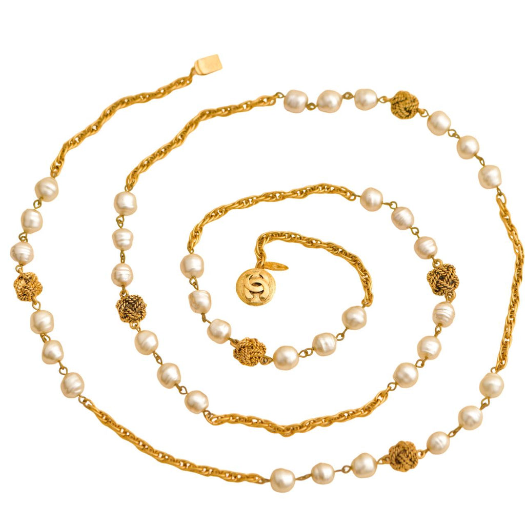 Chanel CC Faux Pearl Gold Tone Rope Bead Long Necklace