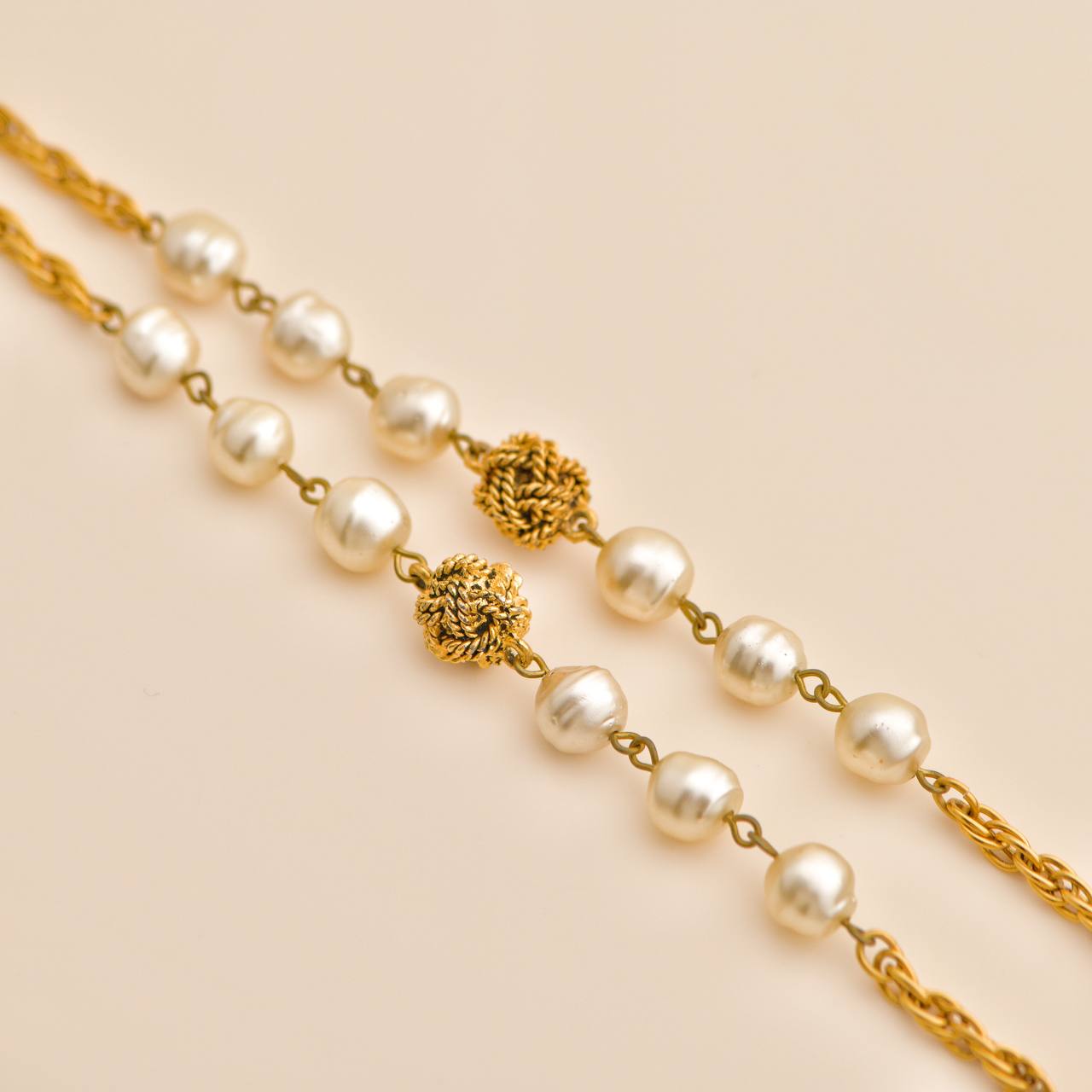 Chanel CC Faux Pearl Gold Tone Rope Bead Long Necklace