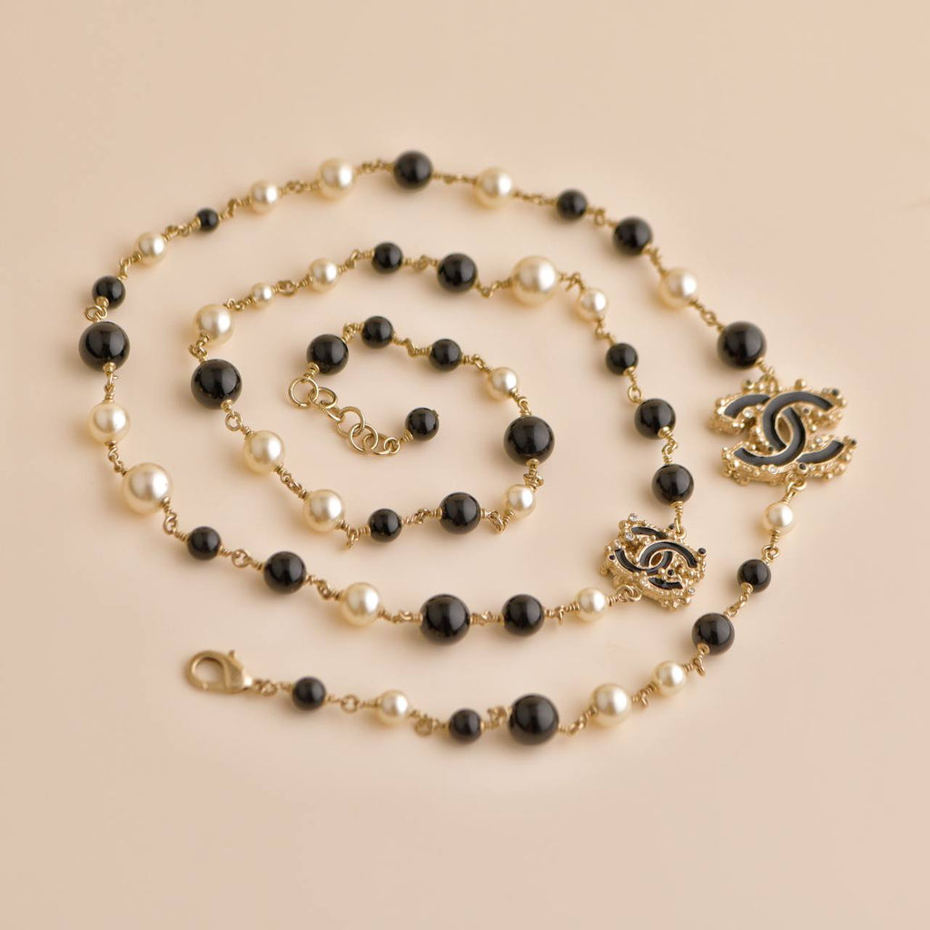 Chanel CC Enamel Faux Pearl & Black Beads Baroque Sautoir Necklace
