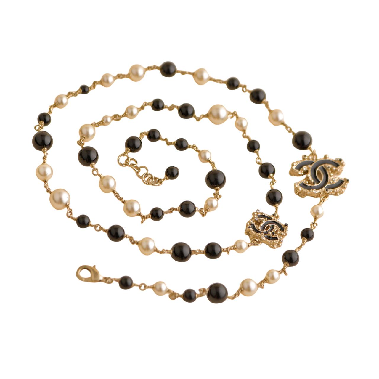 Chanel CC Enamel Faux Pearl & Black Beads Baroque Sautoir Necklace