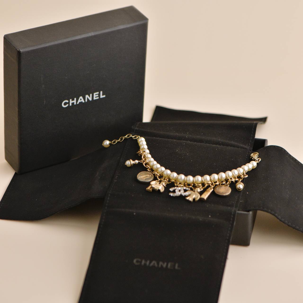 Chanel CC Crystal Faux Pearl Charm Bracelet