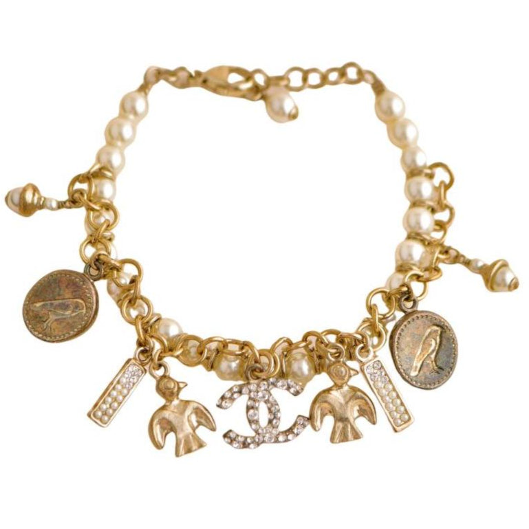 Chanel CC Crystal Faux Pearl Charm Bracelet