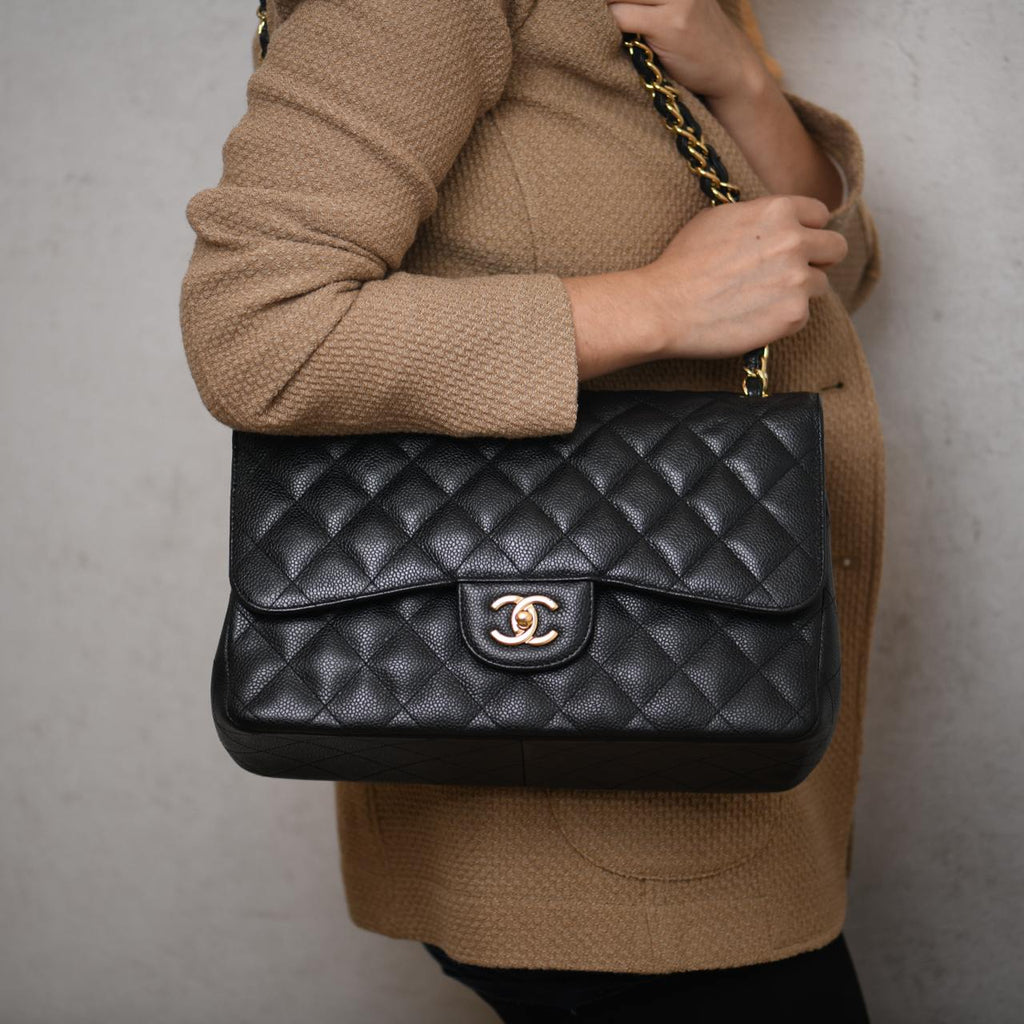 Chanel Jumbo Black Calfskin Caviar Double Flap Bag with GHW
