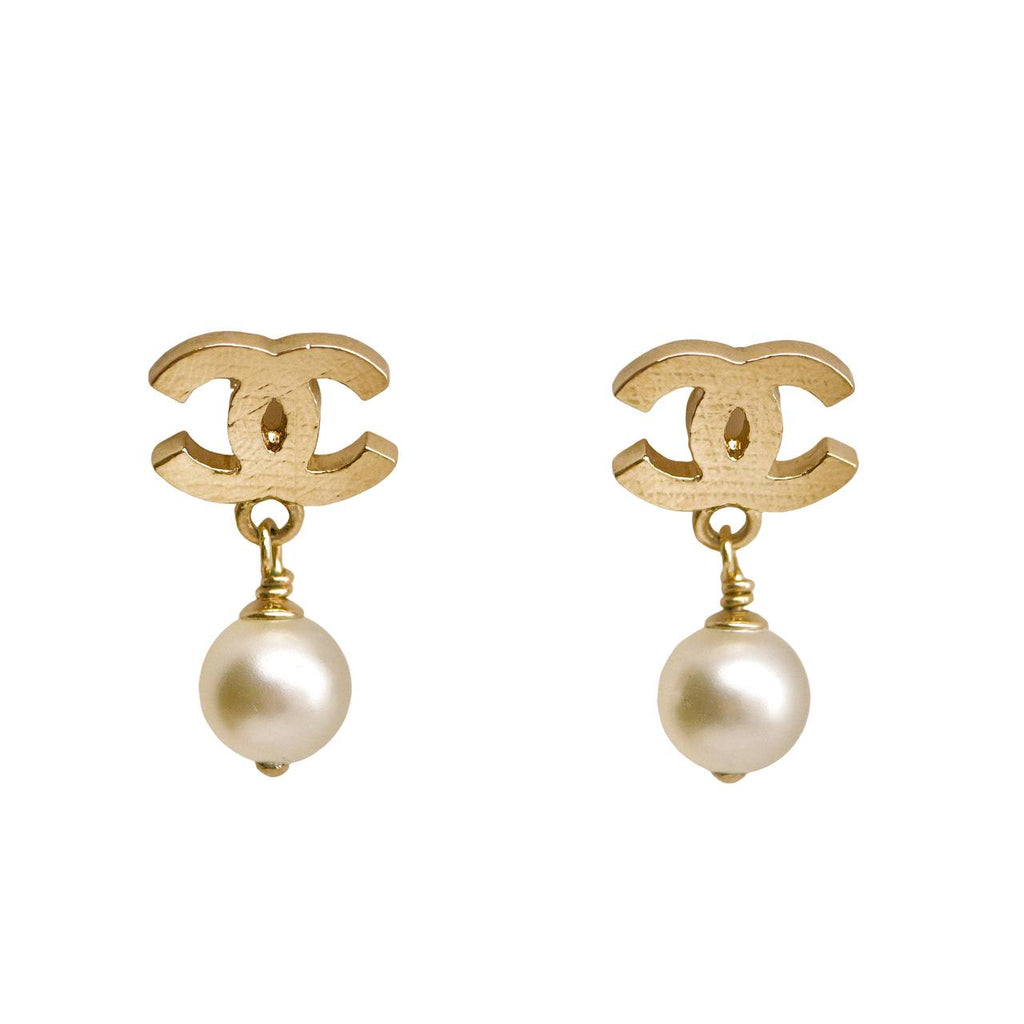 Chanel CC Faux Pearl Quilted Gold Tone Drop Earrings