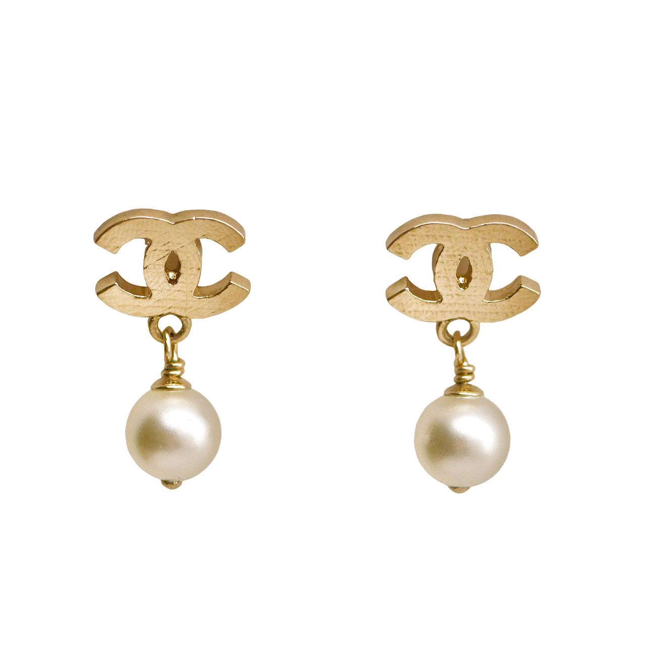 Chanel CC Faux Pearl Quilted Gold Tone Drop Earrings