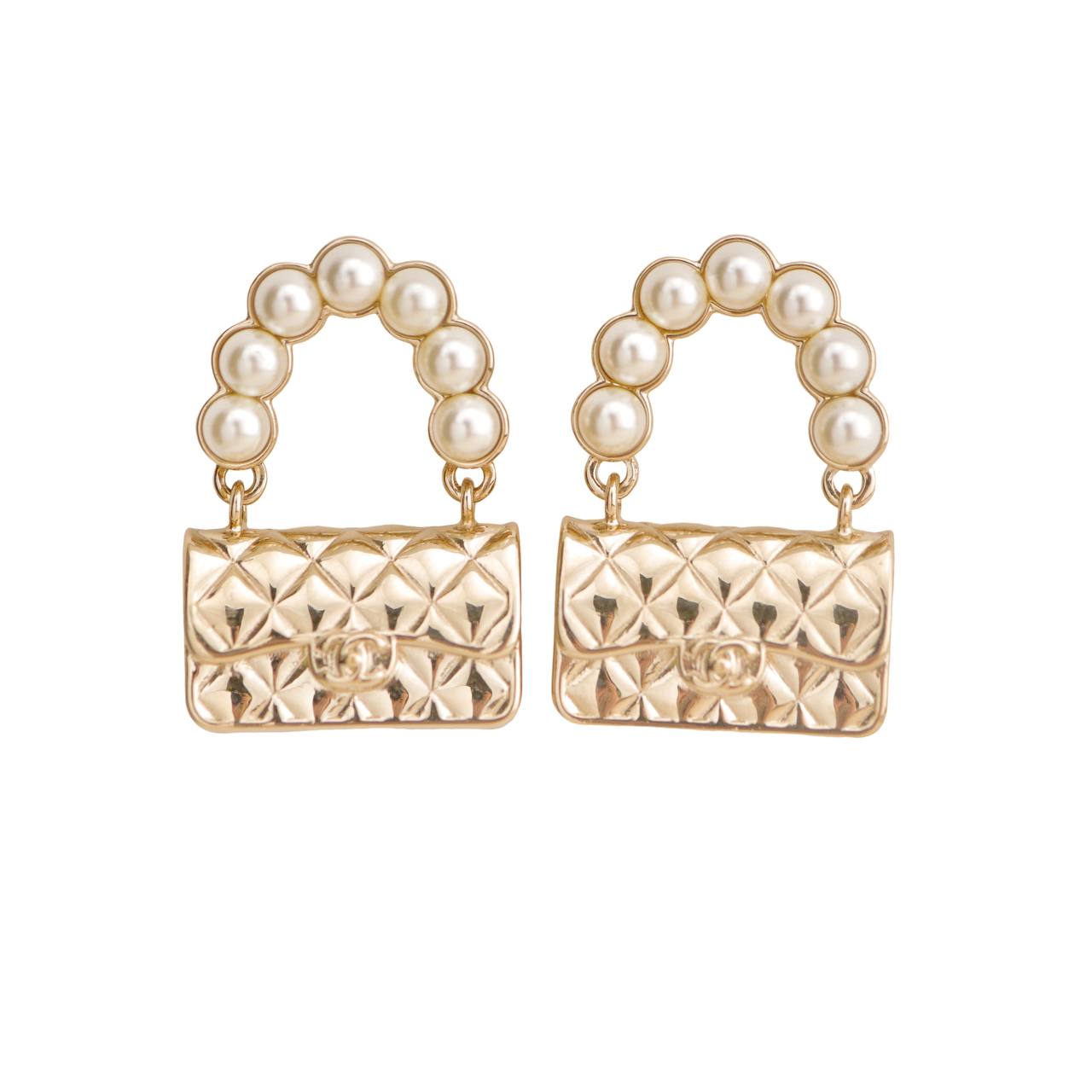 Chanel Faux Pearl Quilted Classic Flap Bag Gold Tone Earrings