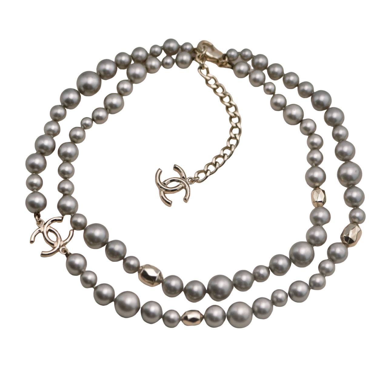 Chanel CC Faux Grey Pearl Gold Tone Necklace