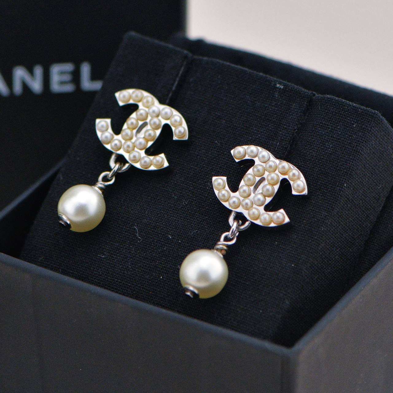 Chanel CC Logo Faux Pearl Drop Earrings