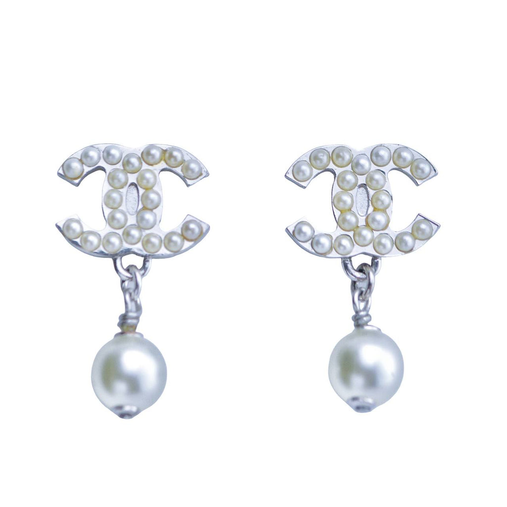 Chanel CC Logo Faux Pearl Drop Earrings