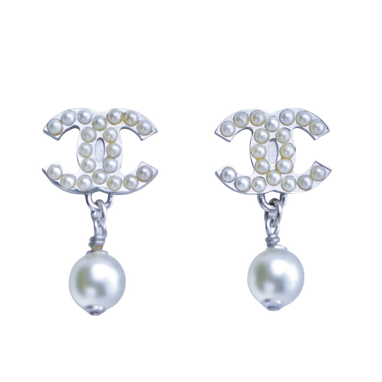 Chanel CC Logo Faux Pearl Drop Earrings