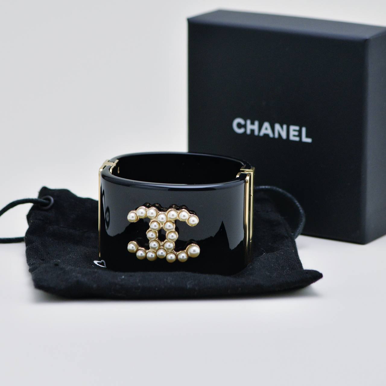 Chanel CC Resin Faux Pearl Black Cuff Bangle