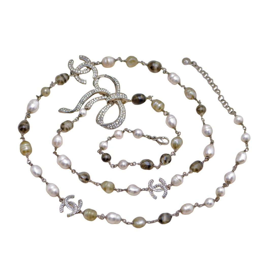 Chanel CC Faux Pearl Crystal Bow Bead Long Necklace