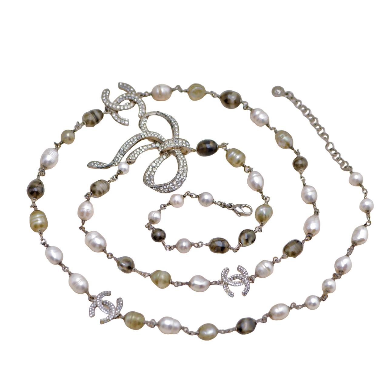 Chanel CC Faux Pearl Crystal Bow Bead Long Necklace