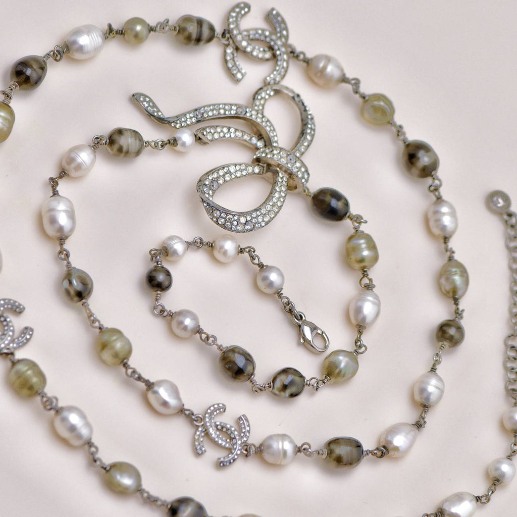 Chanel CC Faux Pearl Crystal Bow Bead Long Necklace