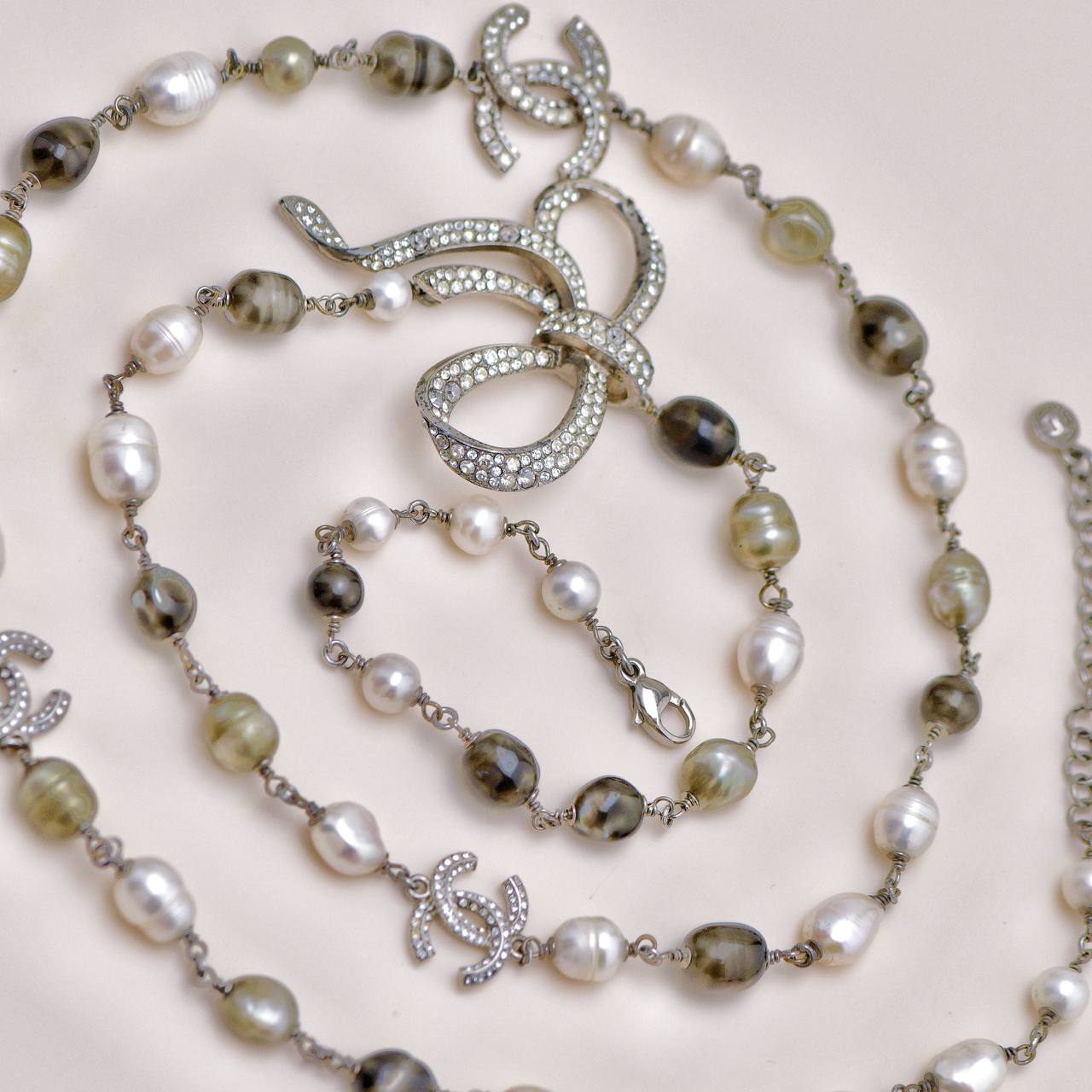 Chanel CC Faux Pearl Crystal Bow Bead Long Necklace